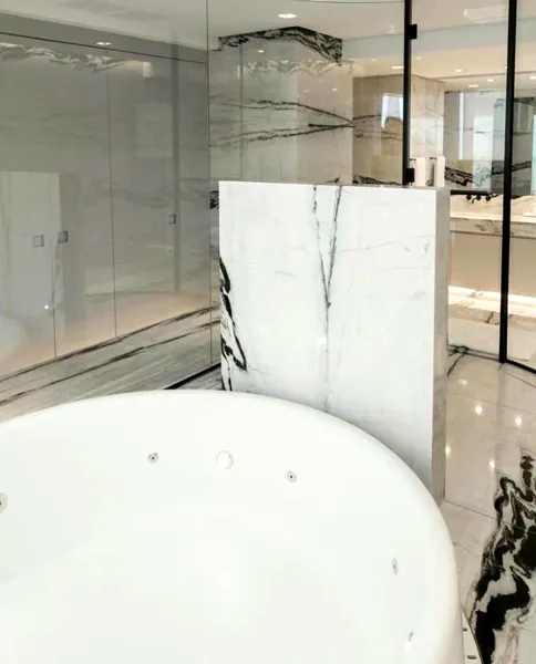 Bathroom and kitchen in white with black veins